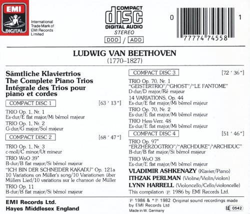 Vladimir Ashkenazy, Itzhak Perlman, Lynn Harrell - Beethoven: Piano Trios (Complete) [1986] CD-Rip