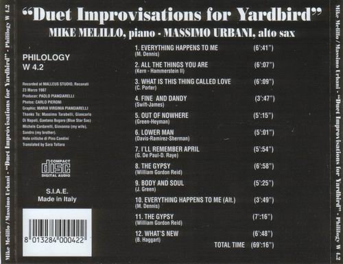 Mike Melillo, Massimo Urbani - Duets Improvisations For Yardbird (1987)