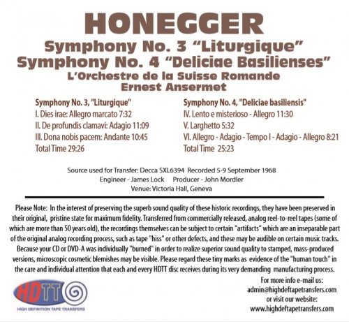 Ernest Ansermet - Honegger: Symphony No. 3, No. 4 (1969) Hi-Res