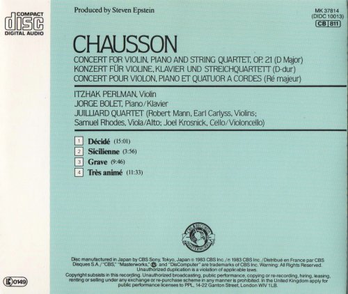 Itzhak Perlman, Jorge Bolet, Juilliard String Quartet - Chausson: Concert For Violin, Piano & String Quartet (1983)