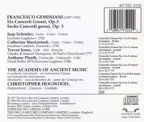 Jaap Schröder, The Academy of Ancient Music, Christopher Hogwood - Geminiani: Six Concerti Grossi, Op. 3 (1986)