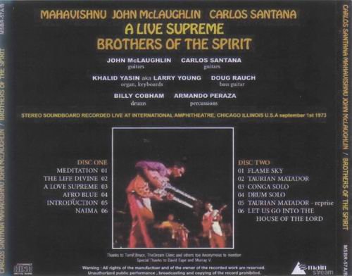 Mahavishnu, John McLaughlin, Carlos Santana  - A Live Supreme Brothers Of The Spirit (1973) CD Rip