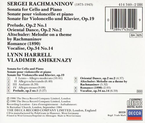 Lynn Harrel, Vladimir Ashkenazy - Rachmaninov: Sonata for Cello & Piano, Vocalise (1986)