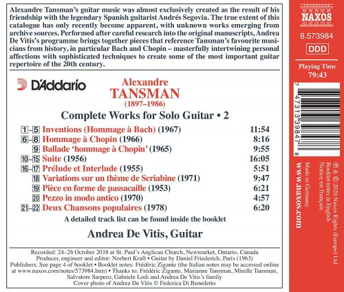 Andrea de Vitis - Tansman: Complete Works for Solo Guitar, Vol. 2 (2020) [Hi-Res]