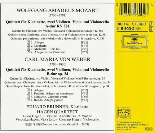 Eduard Brunner, Hagen Quartett - Mozart, Weber: Clarinet Quintets (1988)