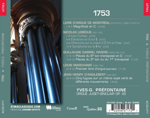 Yves-G. Préfontaine - 1753: Œuvres du livre d'orgue de Montréal, Lebègue, Nivers, Marchand et d'Anglebert (2016) [Hi-Res]