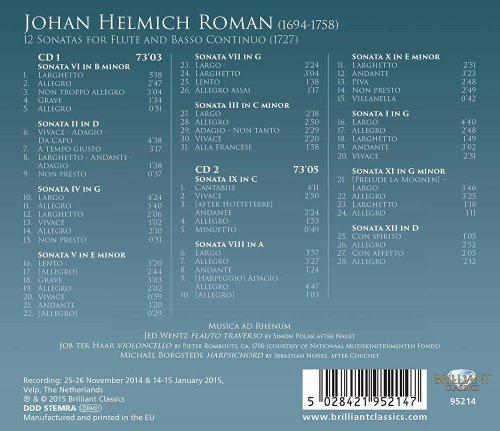Jed Wentz, Musica Ad Rhenum - J.H. Roman: 12 Sonatas for Flute and B.C. (2015) [Hi-Res]