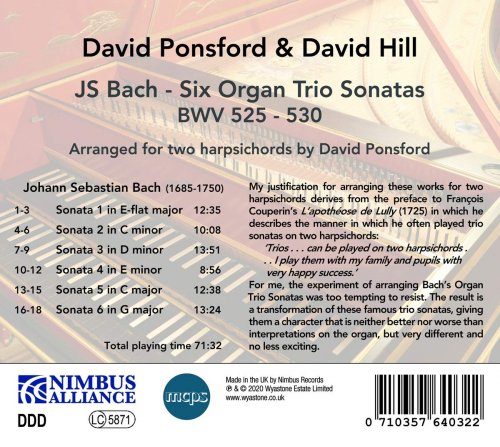 David Ponsford - J.S. Bach: Six Trio Sonatas Arranged for Two Harpsichords (2020)