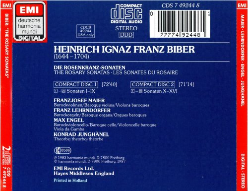 Franzjosef Maier, Franz Lehrndorfer, Maz Engel, Konrad Junghanel - Biber: Die Rosenkranz-Sonaten/Mystery Sonatas/The Rosary Sonatas (1987)