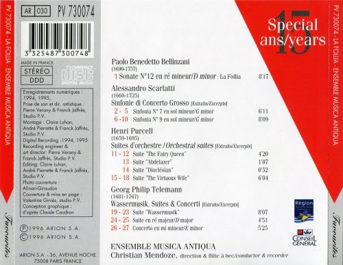Ensemble Musica Antiqua, Christian Mendoze - La Follia: Bellinzani, Scarlatti, Purcell & Telemann (1996)