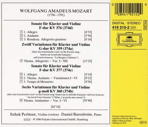 Itzhak Perlman & Daniel Barenboim - Mozart: Violin Sonatas K.376, K.377, Variations (1987) CD-Rip