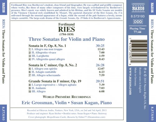 Susan Kagan, Eric Grossman - Ries: 3 Sonatas for Violin & Piano (2015) [Hi-Res]