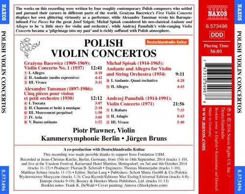 Piotr Plawner, Kammersymphonie Berlin, Jürgen Bruns - Polish Violin Concertos (Bacewicz, Tansman, Spisak, Panufnik) (2016) [Hi-Res]