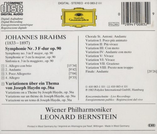 Wiener Philharmoniker, Leonard Bernstein - Brahms: Symphony No.3, Variations on a theme by Haydn (1983)