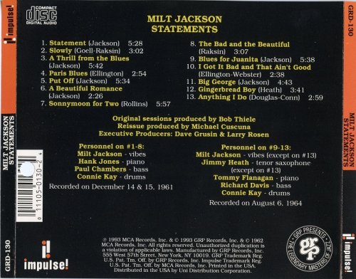 Milt Jackson Quartet - Statements (1962) [1993] CD-Rip