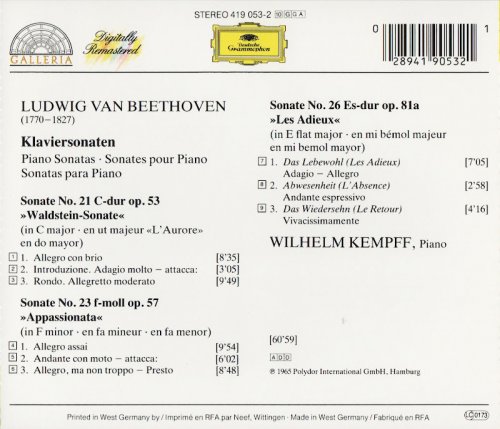 Wilhelm Kempff - Beethoven: Piano Sonatas, Waldstein, Appassionata, Les Adieux (1986)