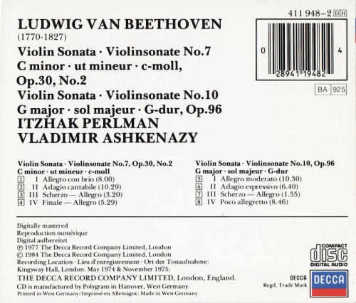 Itzhak Perlman, Vladimir Ashkenazy - Beethoven: Violin Sonatas Nos. 7 & 10  (1984)