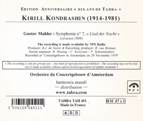 Kirill Kondrashin & Orchestre Du Concertgebouw D'Amsterdam - Gustav Mahler: Symphonie N°7, "Lied Der Nacht" (2002)