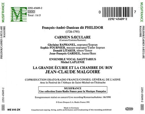 Ensemble Vocal Sagittarius, La Grande Ecurie et la Chambre du Roy - Francois-Andre Danican Philidor: Carmen Saeculare (1992)