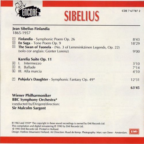 Sir Malcolm Sargent, Wiener Philharmoniker, BBC Symphony Orchestra ‎– Sibelius: Finlandia / En Saga / Swan Of Tuonela / Karelia / Pohjola's Daughter (1993)