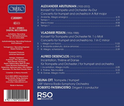 Roberto Paternostro, Vienna Radio Symphony Orchestra, Selina Ott - Arutiunian, Peskin & Desenclos: Trumpet Concertos (2020) [Hi-Res]