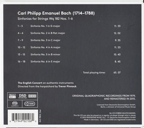 Trevor Pinnock, The English Concert - CPE Bach: Sinfonias for Strings Wq 182 Nos. 1-6 (1979/2015) [SACD]