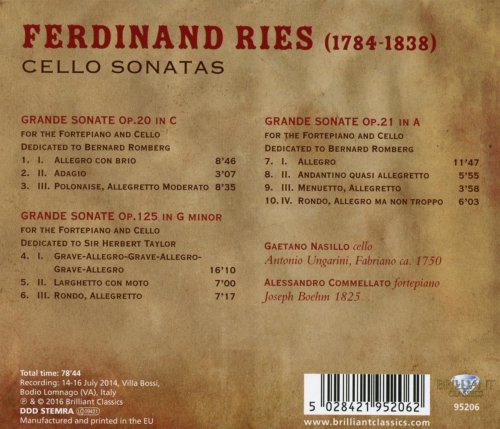 Gaetano Nasillo, Alessandro Commellato - Ries: Cello Sonatas (2016) [Hi-Res]