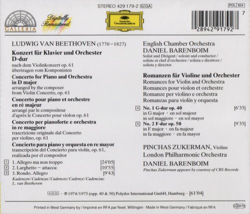 Daniel Barenboim, Pinchas Zukerman - Beethoven: Piano Concerto, Violin Romances (1989)