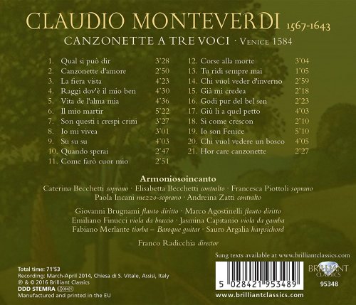 Armoniosoincanto, Franco Radicchia - Monteverdi: Canzonette a tre voci, Venice 1584 (2016) [Hi-Res]