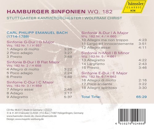 Stuttgarter Kammerorchester, Wolfram Christ - Carl Philipp Emanuel Bach: Hamburger Sinfonien, Wq. 182 (2014) [Hi-Res]