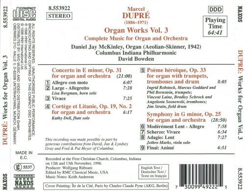 Daniel Jay McKinley, Columbus Indiana Philharmonic, David Bowden - Dupré: Works for Organ, Vol.3 (1998)