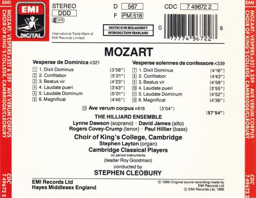 Choir of King's College, Cambridge & Hilliard Ensemble, Stephen Cleobury - Mozart: Vespers K321 & K339 / Ave Verum Corpus (1989)