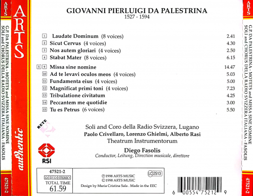 Coro della Radio Svizzera - Palestrina: Motets, Missa sine nomine (1998)