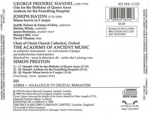 Handel - Ode for the Birthday of Queen Anne; Anthem for the Foundling Hospital - Haydn-Missa Brevis (1989)