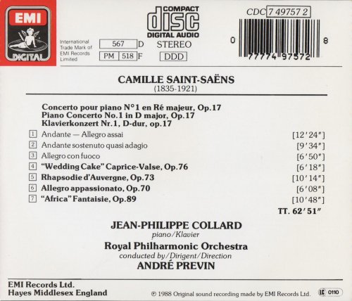 Jean-Philippe Collard, André Previn - Saint-Saëns: Piano Concerto No. 1, Wedding Cake, Rhapsodie d'Auvergne