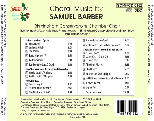 Ben Kennedy, Matthew Firkins, Birmingham Conservatoire Chamber Choir, Paul Spicer - Choral Music By Samuel Barber (2016)