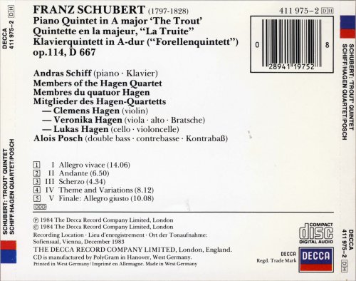 Andras Schiff, Hagen Quartet, Alois Posch - Schubert: Piano Quintet in A major 'The Trout' Op. 114, D. 667 (1984)