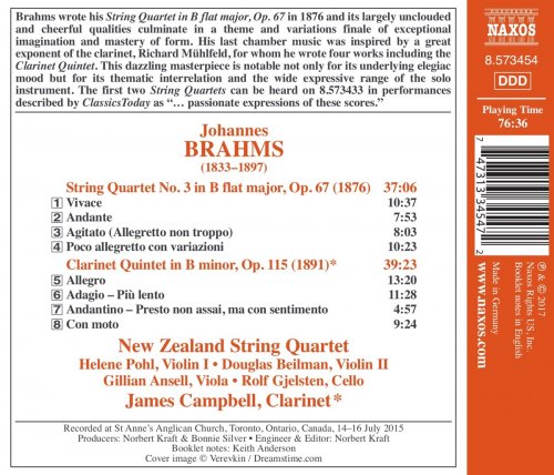 New Zealand String Quartet, James Campbell - Brahms: String Quartet No. 3, Op. 67 & Clarinet Quintet, Op. 115 (2017) [Hi-Res]