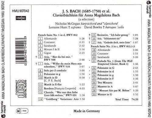 Nicholas McGegan, Lorraine Hunt, David Bowles - J.S.Bach: Clavierbuchlein fur Anna Magdalena Bach (1990)