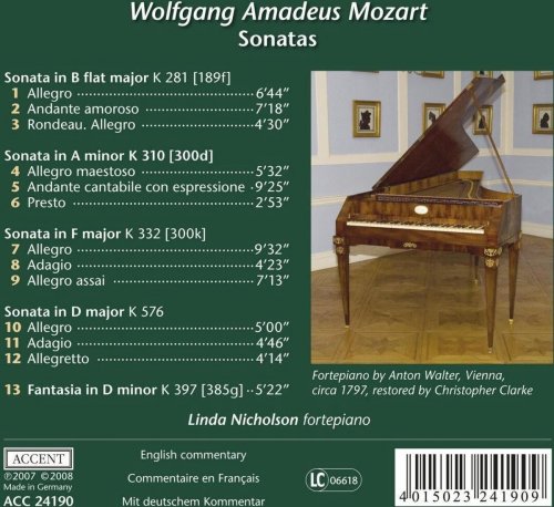 Linda Nicholson - Mozart, W.A.: Piano Sonatas Nos. 3, 8, 12, 18 / Fantasia in D Minor, K. 397 (2008)