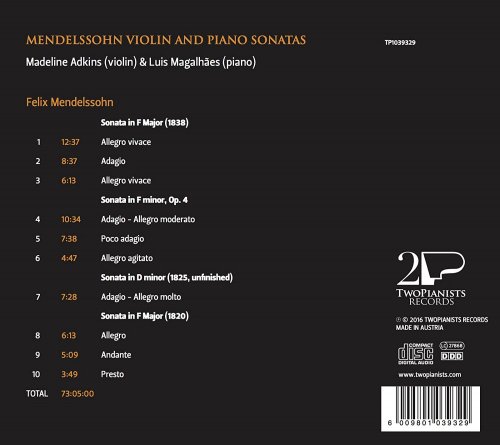 Madeline Adkins, Luis Magalhaes - Mendelssohn: Violin Sonatas (2016) [Hi-Res]