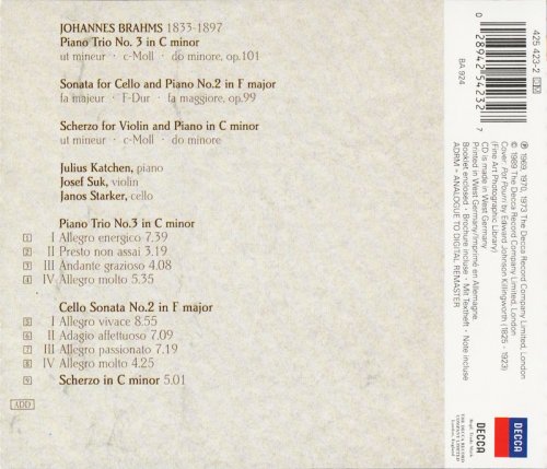 Julius Katchen, Josef Suk, Janos Starker - Brahms: Piano Trio No. 3, Cello Sonata No. 2 (1989) CD-Rip