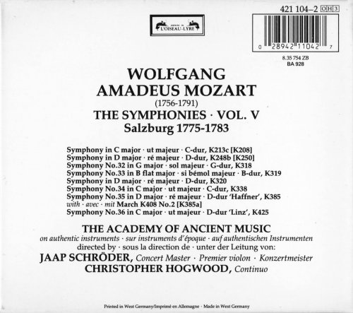The Academy of Ancient Music, Christopher Hogwood - Mozart: The Symphonies, Vol. 5 - Salzburg 1775-1783 (1987) CD-Rip