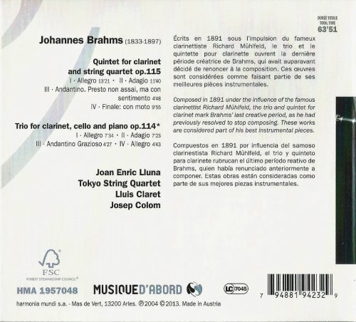 Joan Enric Lluna, Tokyo String Quartet - Brahms: Clarinet Quintet and Trio (2013) CD-Rip