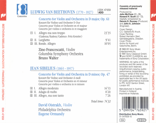 Francescatti, Walter, Columbia Symphony Orchestra, Oistrakh, Ormandy, Philadelphia Orchestra - Beethoven & Sibelius: Violin Concertos (1994)