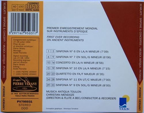 Musica Antiqua de Toulon, Christian Mendoze - Scarlatti: Sinfonie di Concerto Gros so, Concerti per Flauto Dolce (1995) CD-Rip