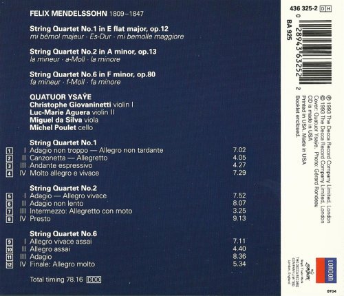 Quatuor Ysaÿe - Mendelssohn: String Quartets Nos. 1, 2 & 6 (1993) CD-Rip