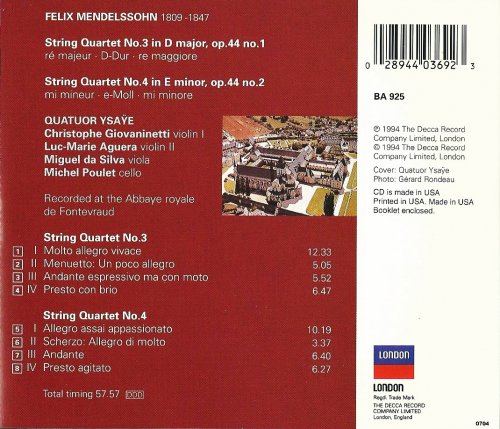 Quatuor Ysaÿe - Mendelssohn: String Quartets Nos. 3 & 4 (1994) CD-Rip