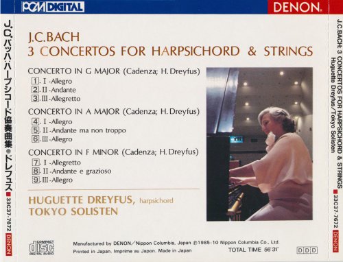 Huguette Dreyfus, Tokyo Solisten - J. C. Bach: 3 Concertos for Harpsichord & Strings (1986)