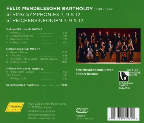 Streicherakademie Bozen & Frieder Bernius - Mendelssohn: String Symphonies Nos. 7, 9 & 12 (2018)